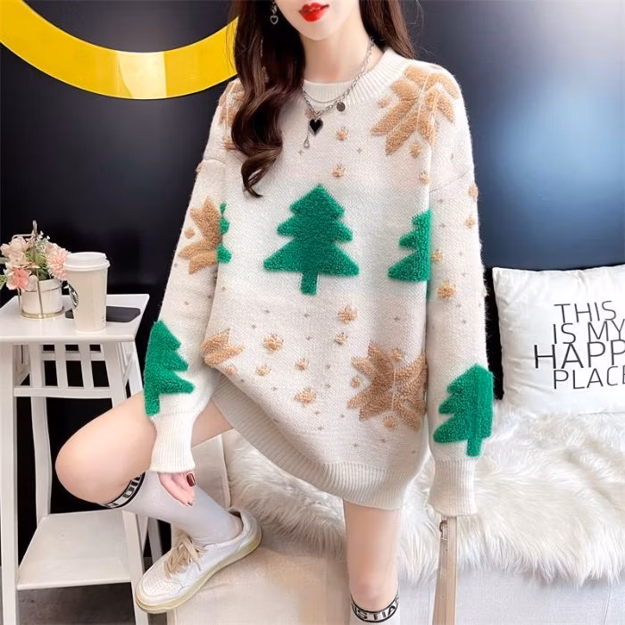 New Red Christmas Jumper Female Lazy Wind Loose Outer Korean Knitted Jumper Jacket Tops Thickened