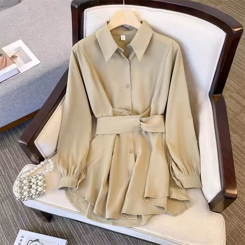 Women Long Sleeve Button Waist Strap Solid Color France Style Turn Down Collar Blouse Women′s Shirt