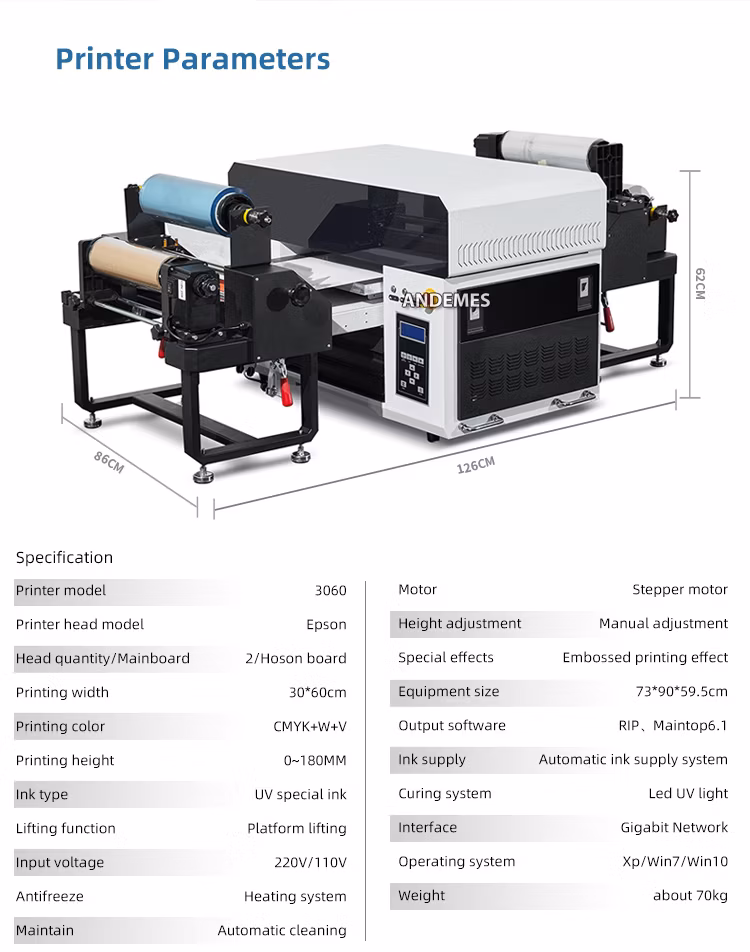 A3 3060 3in 1 UV Printer XP600 Printhead Roll to Roll Printing Flatbed and Cylinder Laminating All in One 3D Embossed Printing