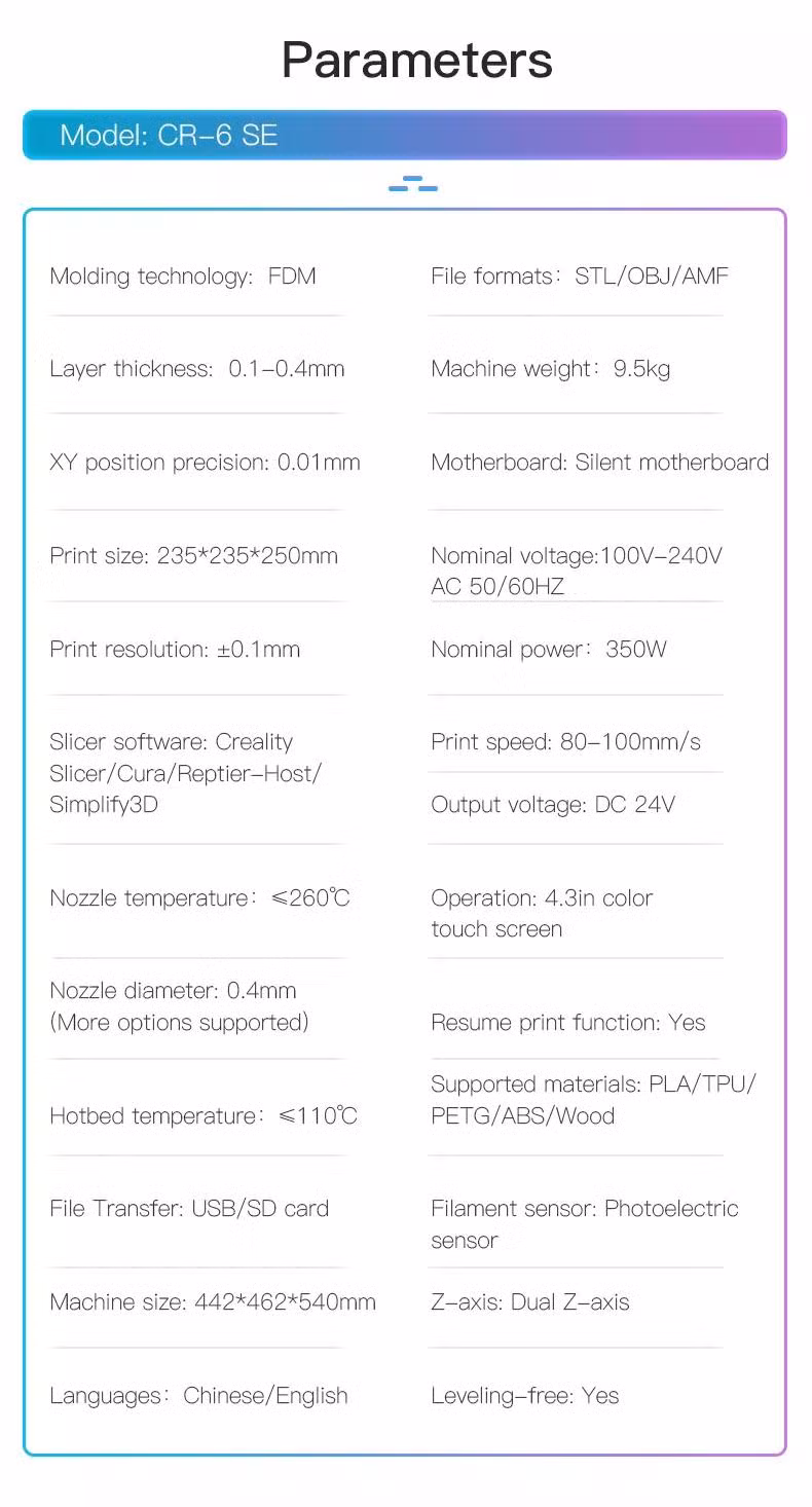 Cr-6 Se Desktop Intelligent Control Metal Fdm DIY 3D Printer