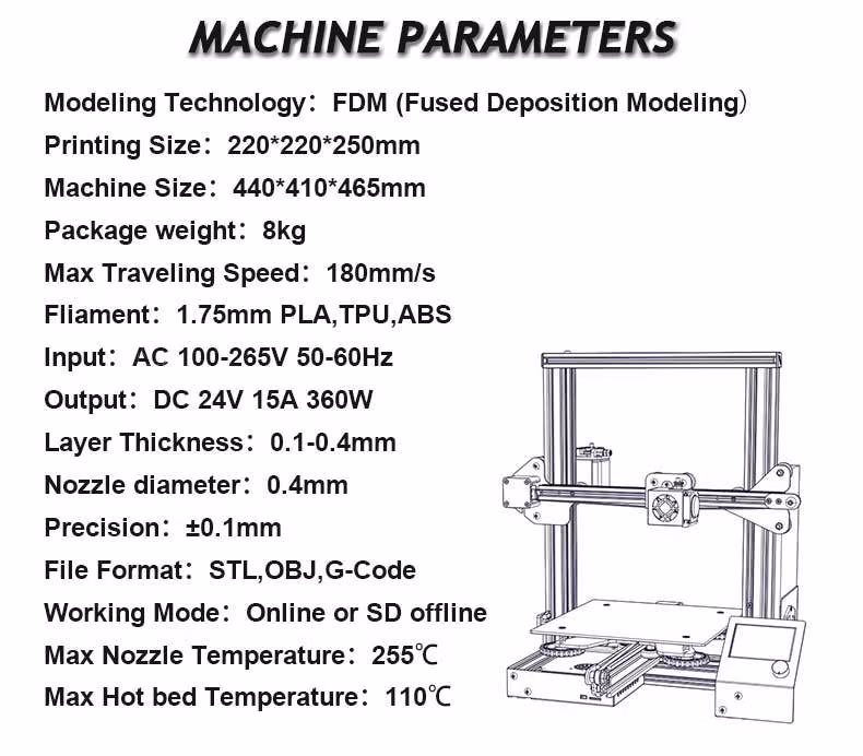 Hot Selling Extruder 3D Printer Machine Aluminium Profile DIY 220*220*250mm for Home Use