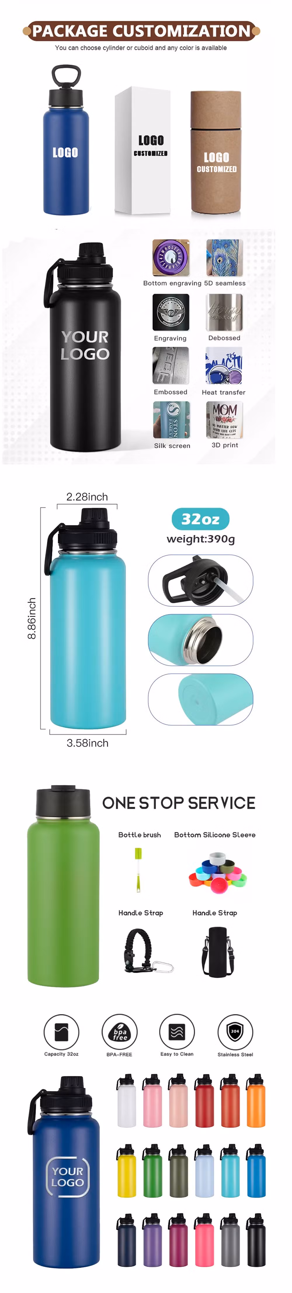 Custom Logo 32oz Classical Sublimation Blank Matte 32oz Insulated Vacuum Water Bottles Double Wall Stainless Steel Insulated Outdoor Cold Drink Bottle