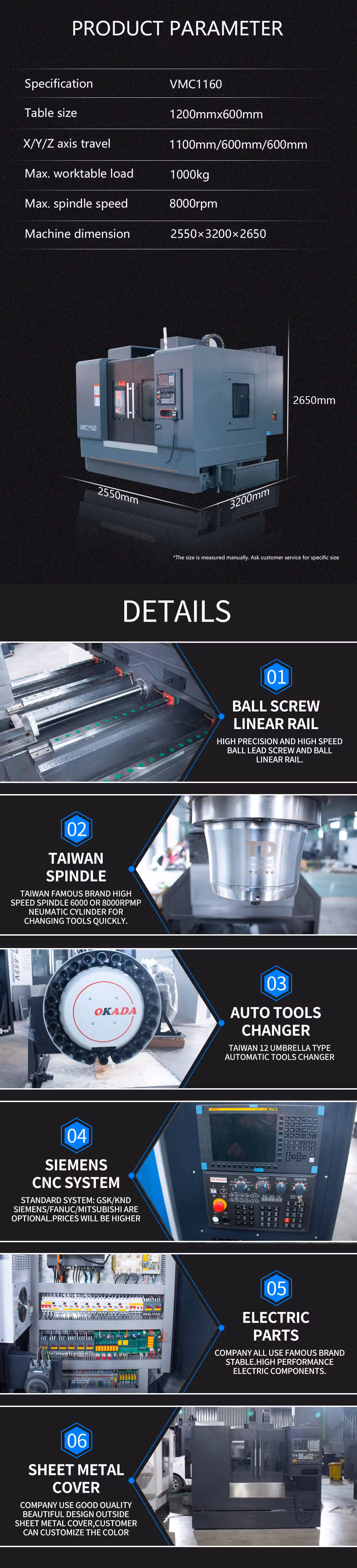 Fresadora Factory Fanuc CNC Control Metal Working Processing Vertical Machine Tools Machining Center Vmc1160 3 4 5 Axis Arbor CNC Vertical Milling Machine