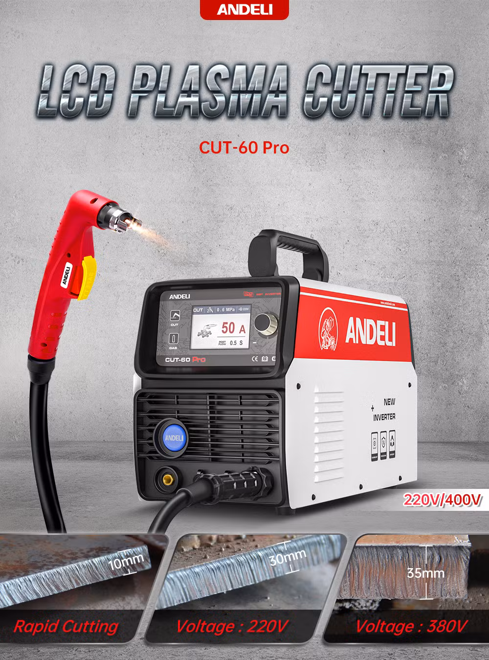 Andeli Cut-60 PRO CNC Plasma Cutting Machine 220V&380V LCD Display Non-Hf Pilot Arc Contacting Cutting Plasma Cutter
