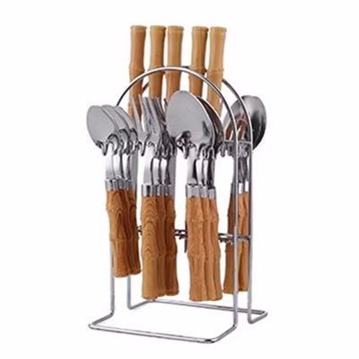 24PCS Bamboo Cubiertos Shape Plastic Handle Cutlery Set with Wooden Box