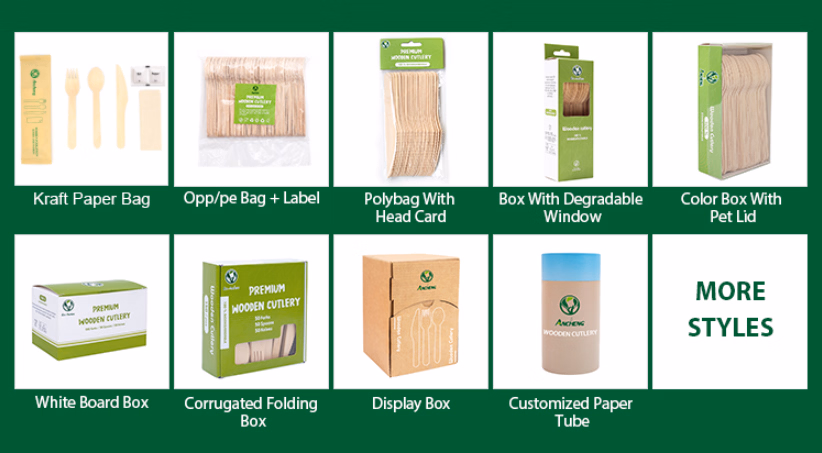Eco-Friendly Degradable High Quality Factory Price Display Box Includes Disposable Forks Spoon Knife Wooden Cutlery