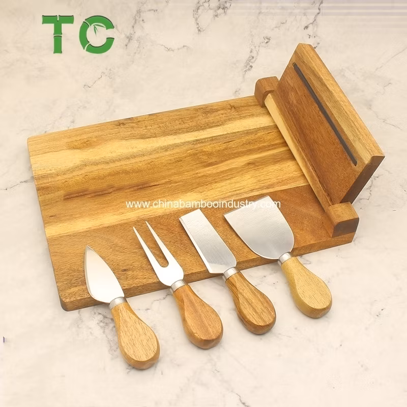 Folding Acacia Wood Cheese Board with Magnets with Knife Sets