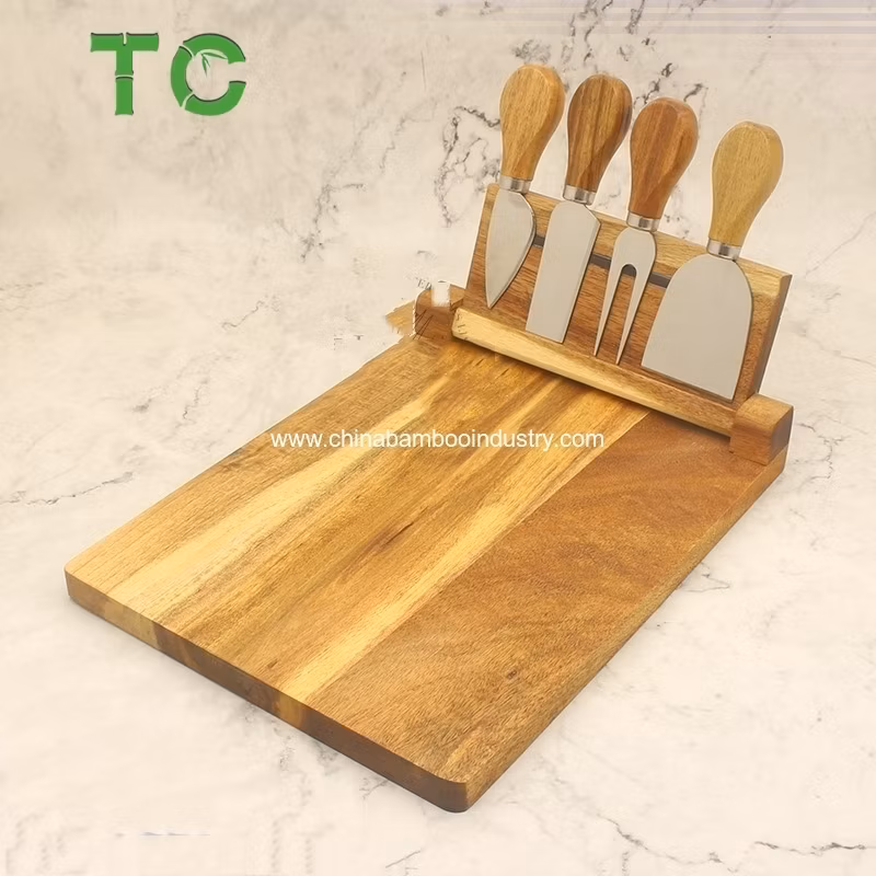 Folding Acacia Wood Cheese Board with Magnets with Knife Sets