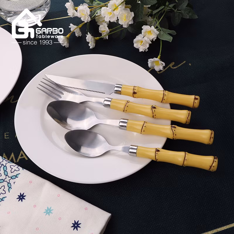 Flatwaretableware Stainless Steel Cutlery Set with Bamboo Design Hand Writingps Handle Knife Spoon, Tea Spoon, Dinner Fork 16PCS 24PCS 6PCS Set