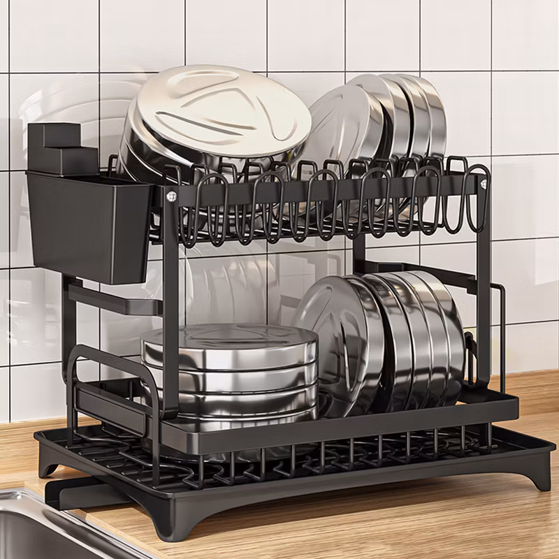 Factory Wholesale 2 Tier Folding Chrome Cabinet Tableware Dryer Accessories Stainless Steel Wire Sink Drain Plate Storage Shelf Drying Metal Kitchen Dish Rack