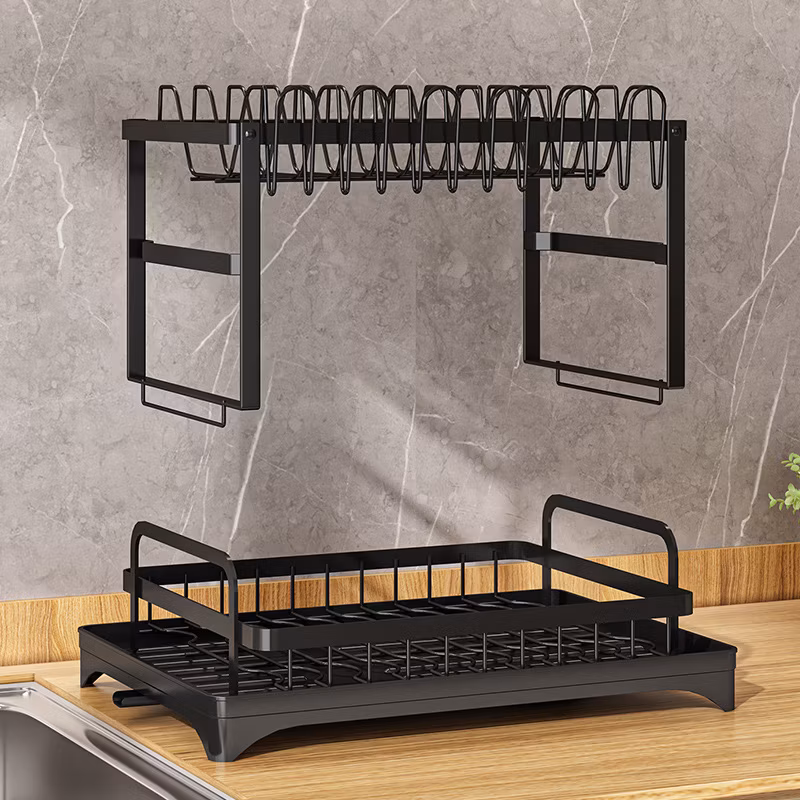 Factory Wholesale 2 Tier Folding Chrome Cabinet Tableware Dryer Accessories Stainless Steel Wire Sink Drain Plate Storage Shelf Drying Metal Kitchen Dish Rack