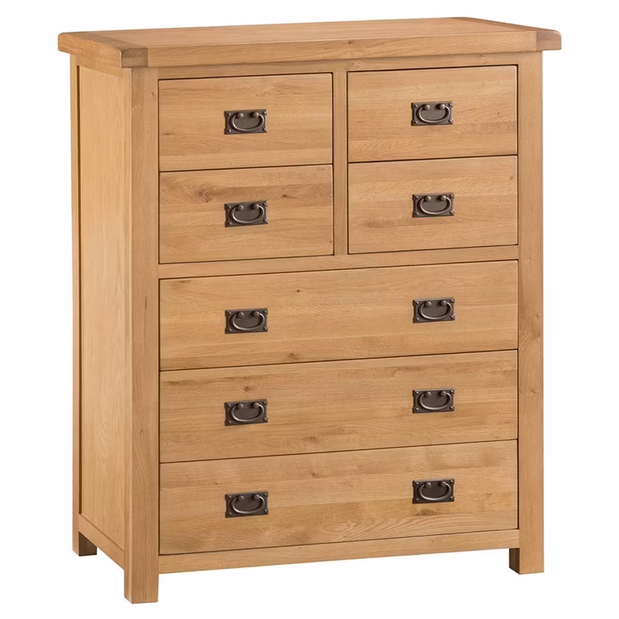 China Factory Natural Solid Oak 4 Over 3 Wooden Drawer Chest Rustic Living Room Bedroom Organizer Storage Cabinet Drawer of Chest