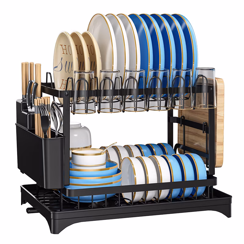 Factory Wholesale 2 Tier Folding Chrome Cabinet Tableware Dryer Accessories Stainless Steel Wire Sink Drain Plate Storage Shelf Drying Metal Kitchen Dish Rack