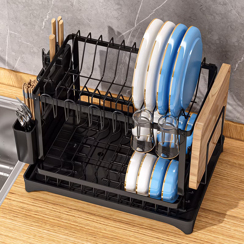 Factory Wholesale 2 Tier Folding Chrome Cabinet Tableware Dryer Accessories Stainless Steel Wire Sink Drain Plate Storage Shelf Drying Metal Kitchen Dish Rack