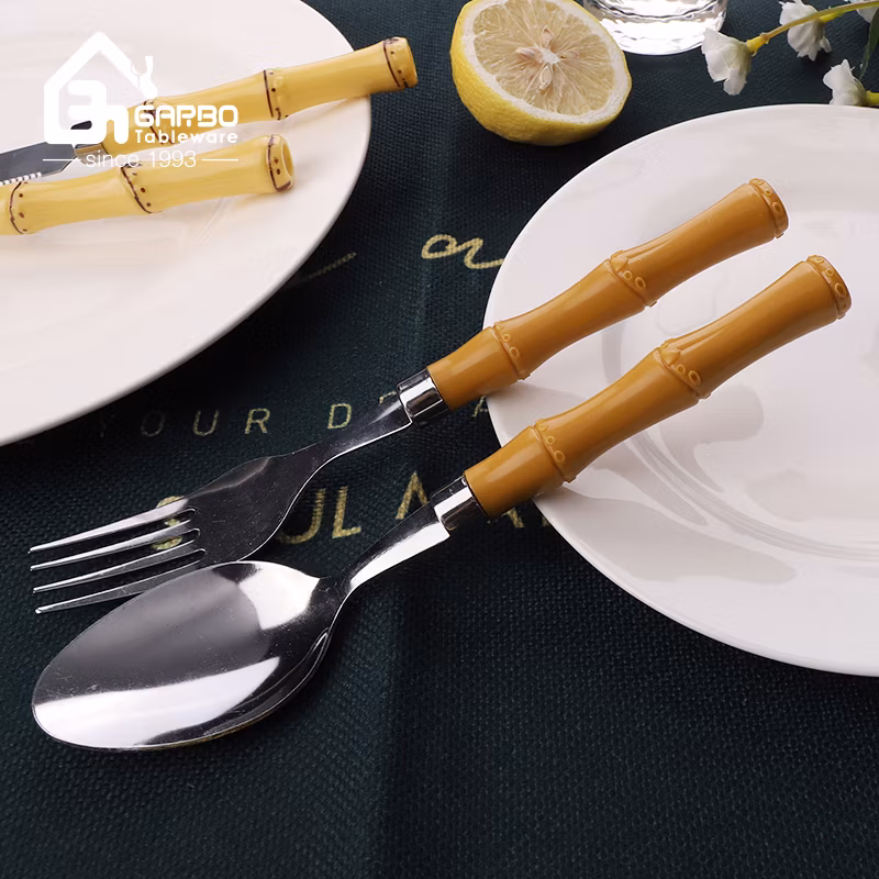 Flatwaretableware Stainless Steel Cutlery Set with Bamboo Design Hand Writingps Handle Knife Spoon, Tea Spoon, Dinner Fork 16PCS 24PCS 6PCS Set