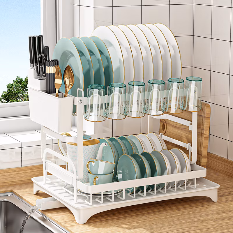 Factory Wholesale 2 Tier Folding Chrome Cabinet Tableware Dryer Accessories Stainless Steel Wire Sink Drain Plate Storage Shelf Drying Metal Kitchen Dish Rack