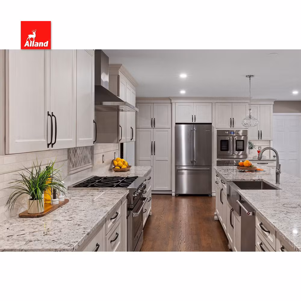 China Affordable Frosted Glass Inset Door Shaker Panel Brushed Vintage with Walnut Accents Low-Price White Color Kitchen Cabinet Supply