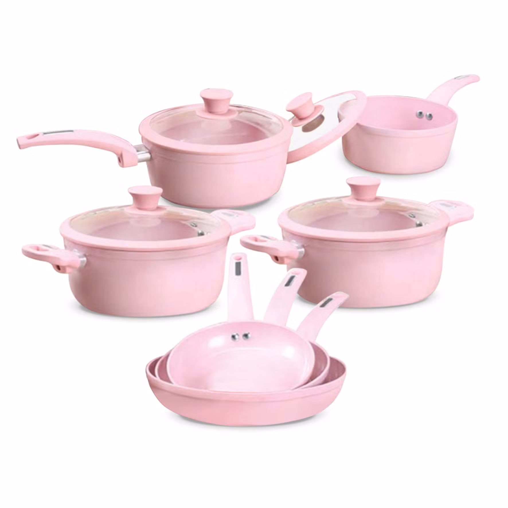 Juego de utensilios de cocina antiadherentes 11PCS ollas y sartenes rosas con tapa de vidrio y pomo de silicona