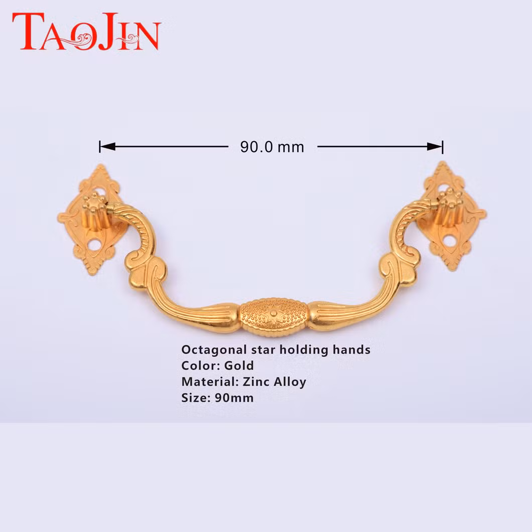 Taojin 90mm Premium Metal Golden Octagonal Handle with Antique Finish and Intricate Designs and Iron Lid Stay for Easy Opening and Closing