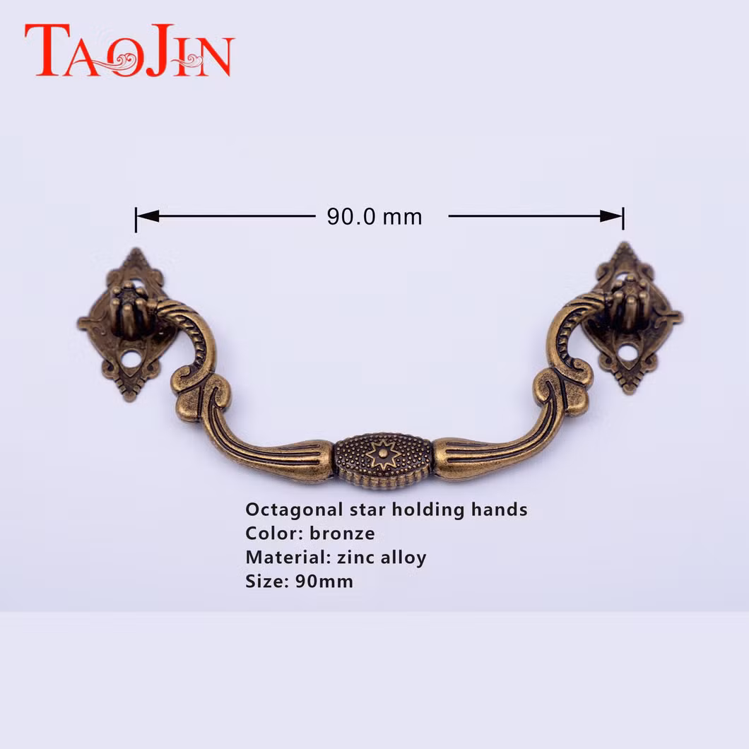 Taojin 90mm Premium Metal Golden Octagonal Handle with Antique Finish and Intricate Designs and Iron Lid Stay for Easy Opening and Closing