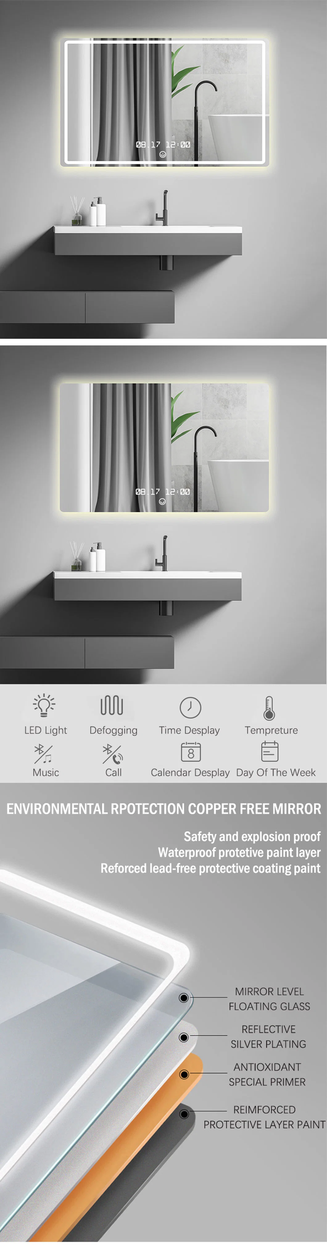 Large Rectangular Anti Fog Smart LED Bathroom Wall Mounted Vanity Mirror Square Frameless Mirrors
