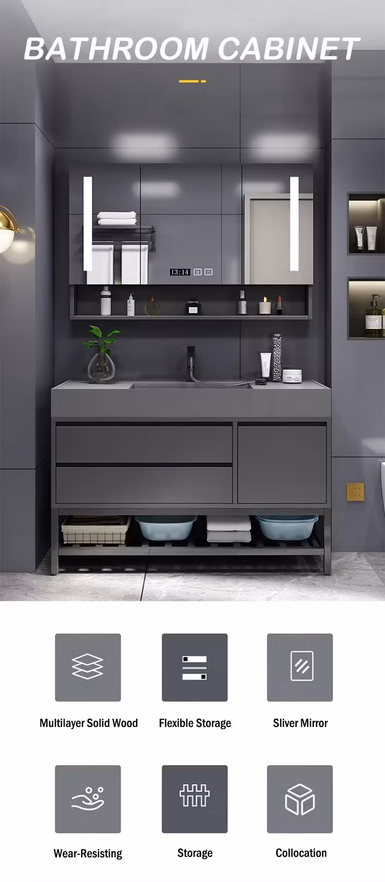 Newest Arrival Make up Bathroom LED Mirror Vanity LED Light Space Minimalist Silver Customized Cabinet Bathroom Vanity