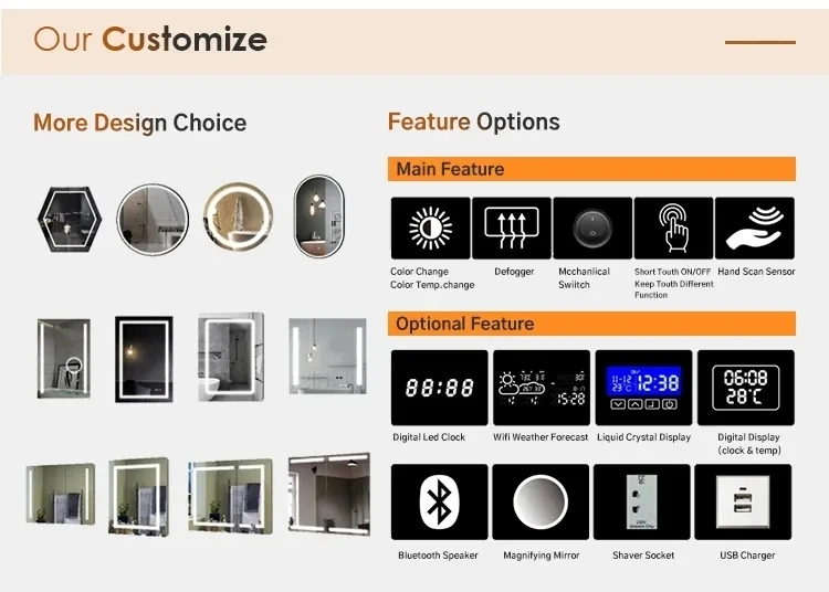 Touch Switch Temp Intelligent OEM Glass LED Mirrors for Retail Building Decoration