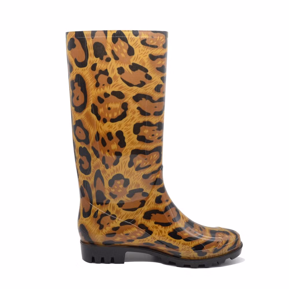 100% Waterproof Anti-Slip Light Weight Garden PVC Gum Rain Boots for Women Botas for Food Industry Leopard Prints