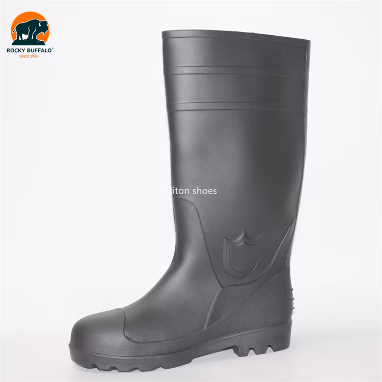 Rocky Buffalo Black Oil-Resistant & Anti-Alkali & Waterproof PVC/Rubber Heavy Duty Safety Work Boots with Steel Toe