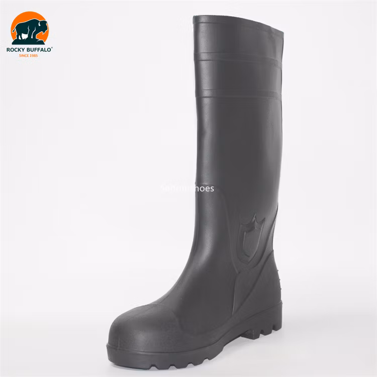 Rocky Buffalo Black Oil-Resistant & Anti-Alkali & Waterproof PVC/Rubber Heavy Duty Safety Work Boots with Steel Toe