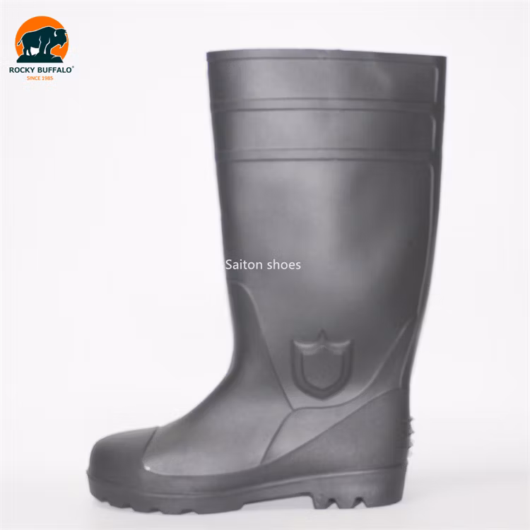Rocky Buffalo Black Oil-Resistant & Anti-Alkali & Waterproof PVC/Rubber Heavy Duty Safety Work Boots with Steel Toe