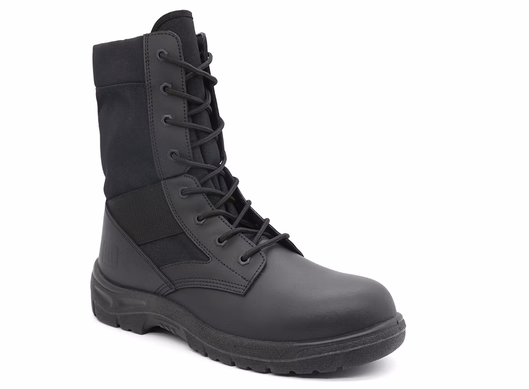 Black Cow Action Leather with Nylon PU Pouring High Army Military Style Boot Shoes