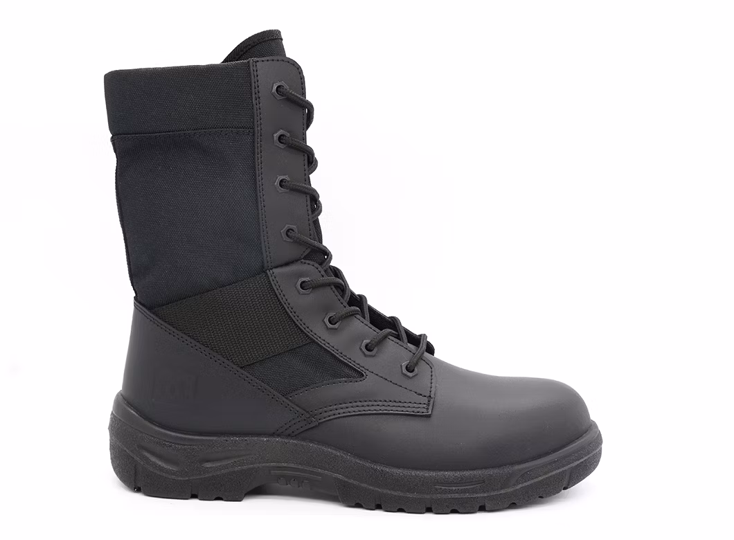Black Cow Action Leather with Nylon PU Pouring High Army Military Style Boot Shoes