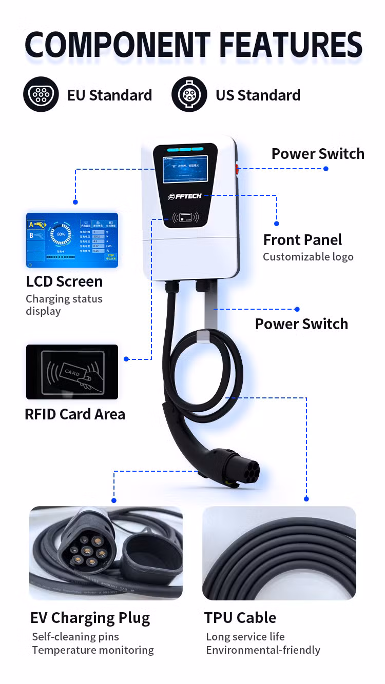New Energy 7kw/11kw/22kw Home Wallbox Ocpp Level 2 IP55 Wall Mounted Electric Car Charger Stations