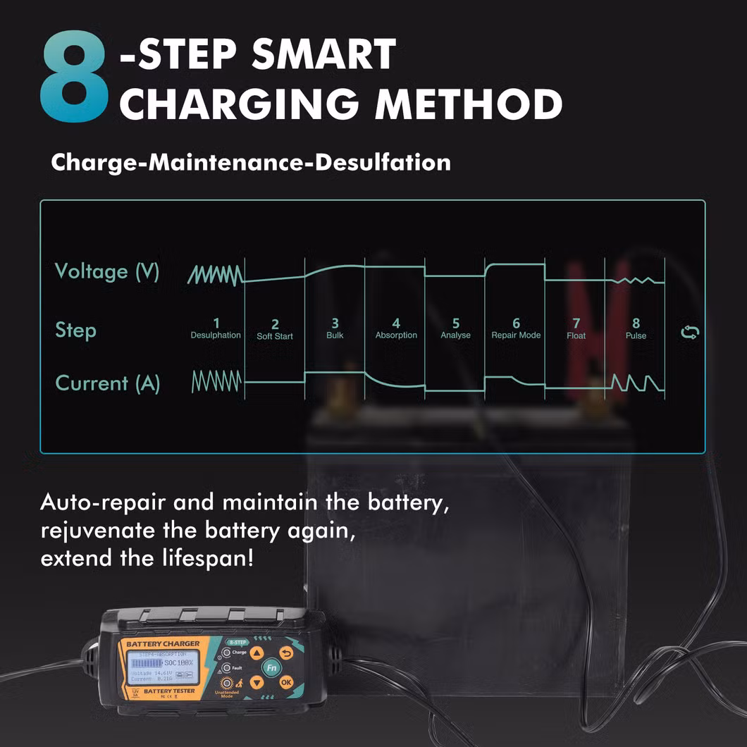 12V Battery Charger and Battery Tester Bc521, Battery Maintenance, Trickle Charger, Floating Charger and Battery Desulfurizer