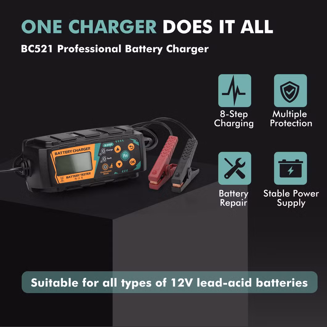12V Battery Charger and Battery Tester Bc521, Battery Maintenance, Trickle Charger, Floating Charger and Battery Desulfurizer