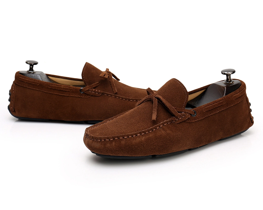 Handmade Men&prime;s Carshoe Loafers in Beige Suede.