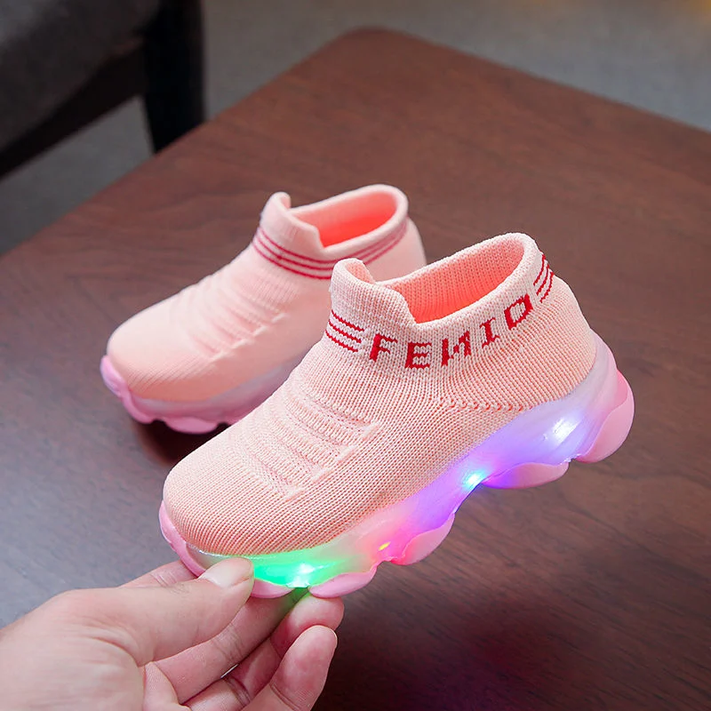 New Boys Socks Shoes LED Lights Girls Sneakers Fashion Flying Woven Luminous Sports Shoes for Kids