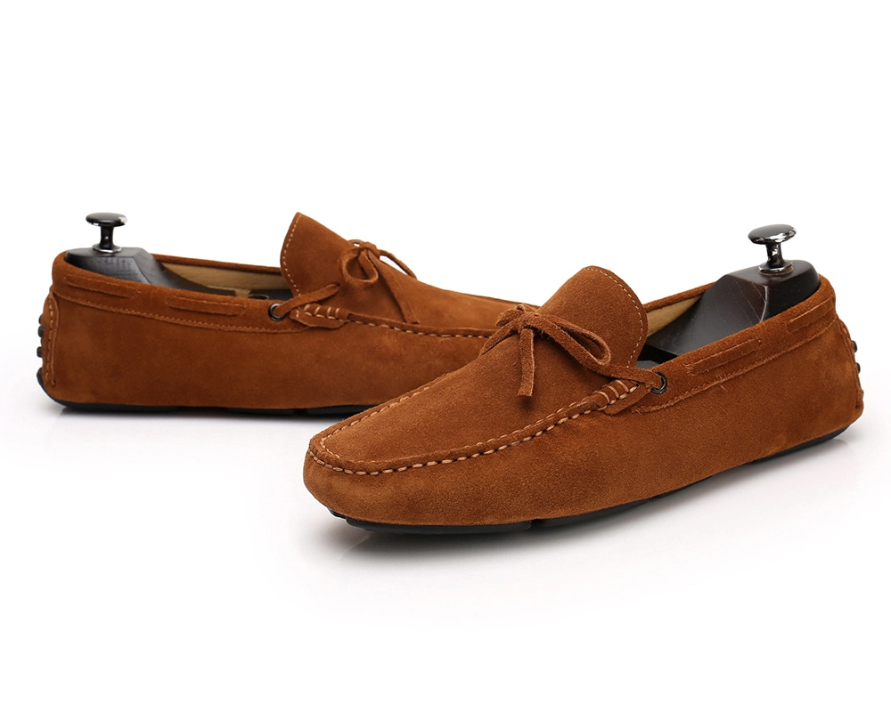 Handmade Men&prime;s Carshoe Loafers in Beige Suede.