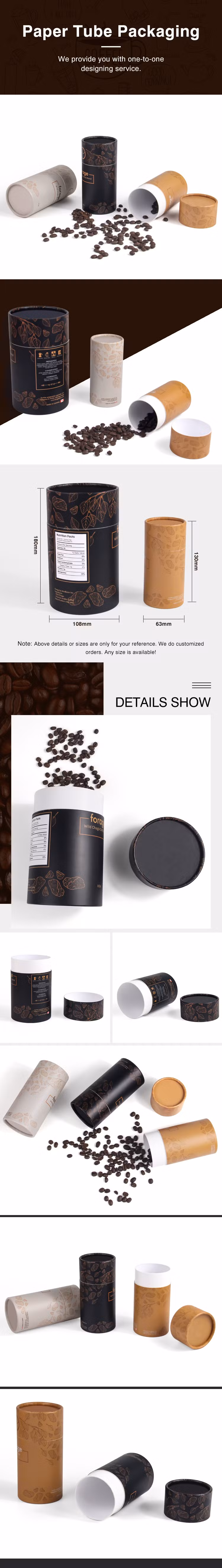 Eco Black Round Paper Tube Box Packing Food Grade Kraft Paper Cardboard Cylinder Tea Coffee Beans Packaging Tube with Air Valve