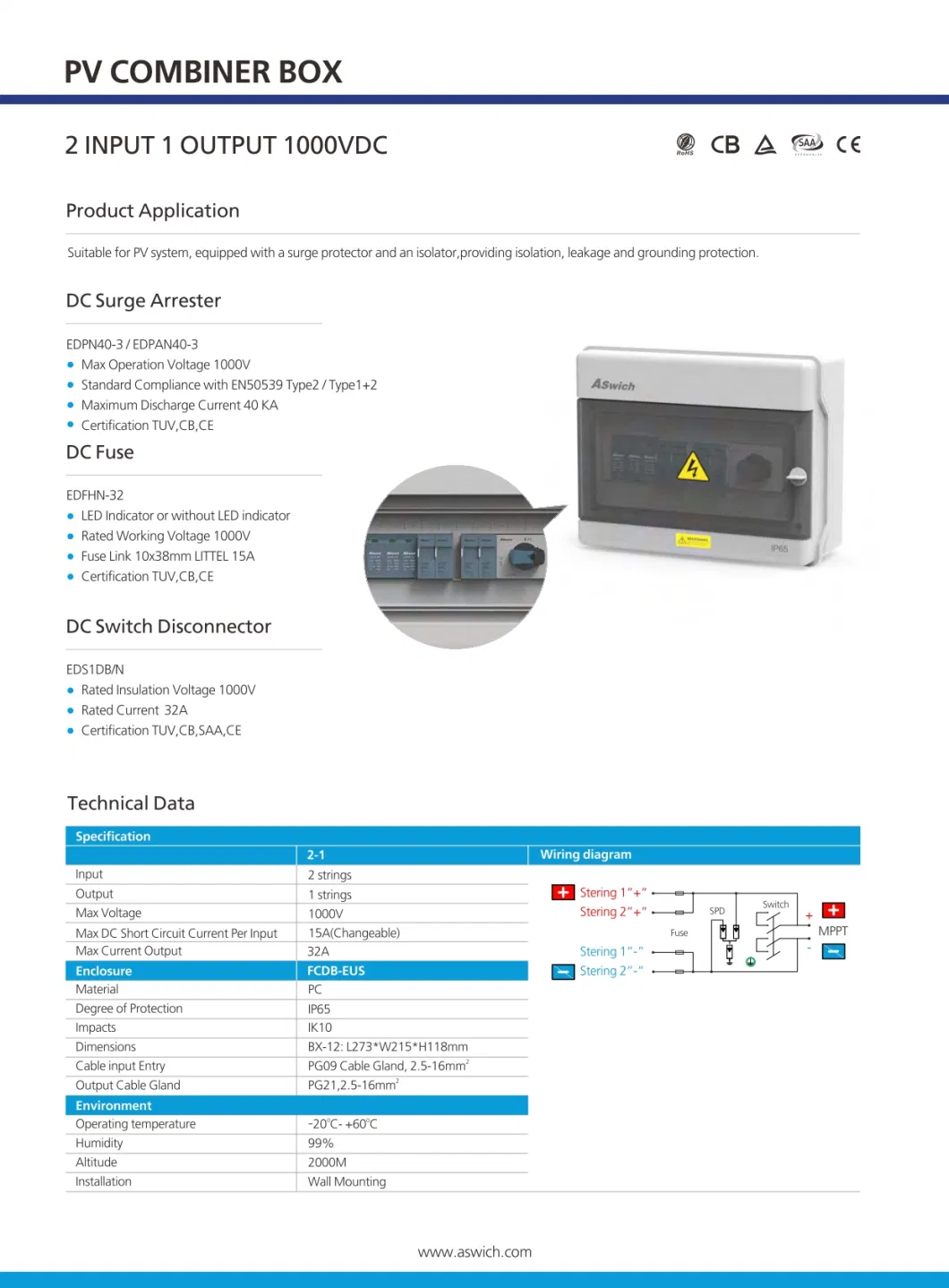 Solar Panel Distribution Junction Boxes PV Array 2 in 1 out Rapid Shutdown DC Combiner Box