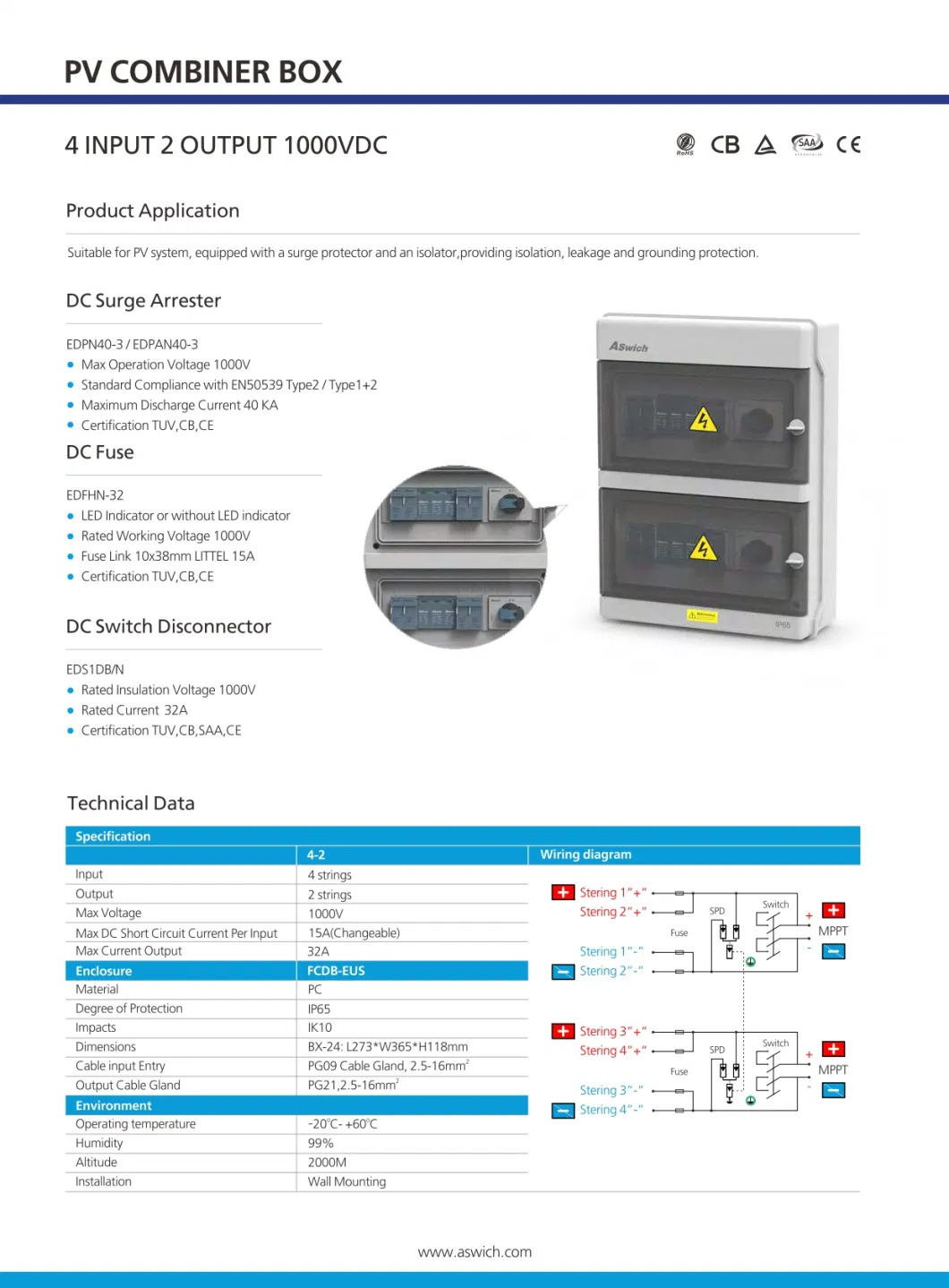 2 in 1 out 1000V 15A DC Combiner Box with Mc4 Solar Connector