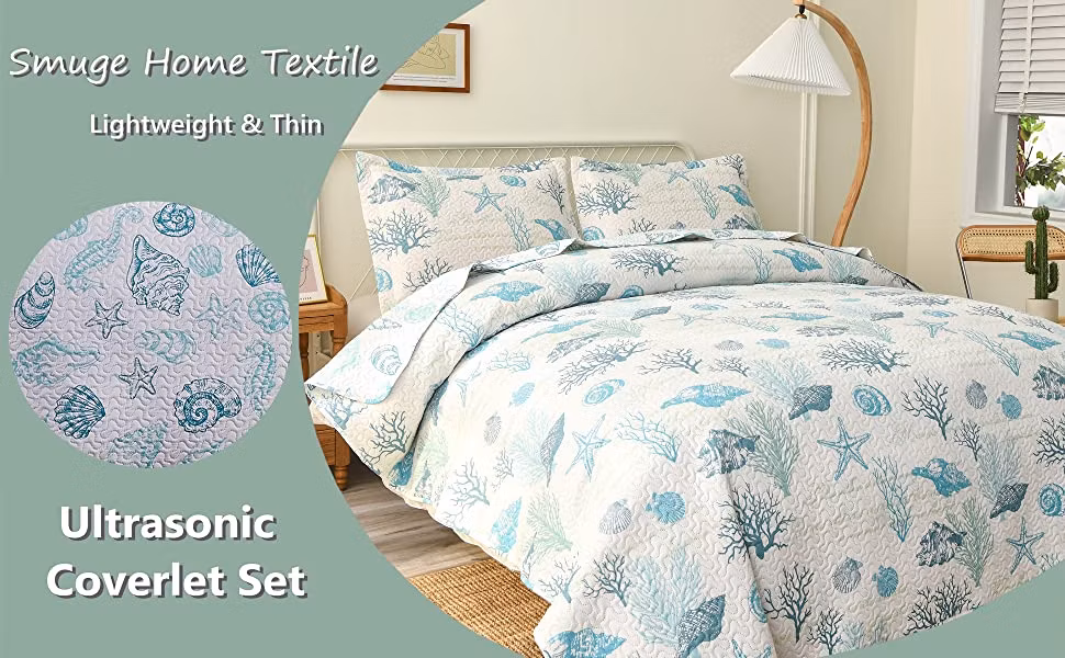 Coastal Quilt Set Lightweight Home Summer Bedspreads King Size, 3PCS Beach Conch Seashell Coverlet Set