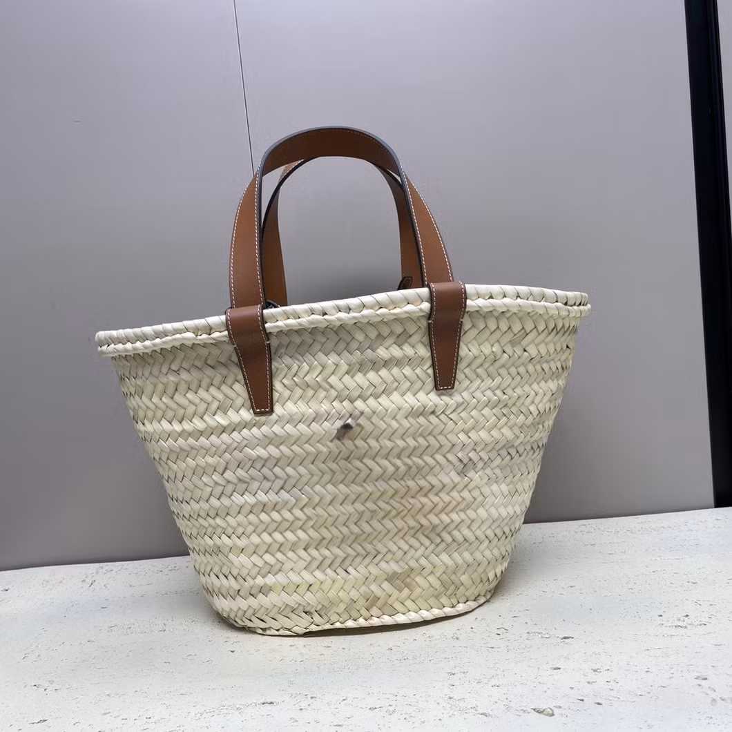 The Arc De Triomphe Sign Hand Knitting Palm Leaves with Calfskin Trim Basket Bag Single Shoulder Crossbody Handba
