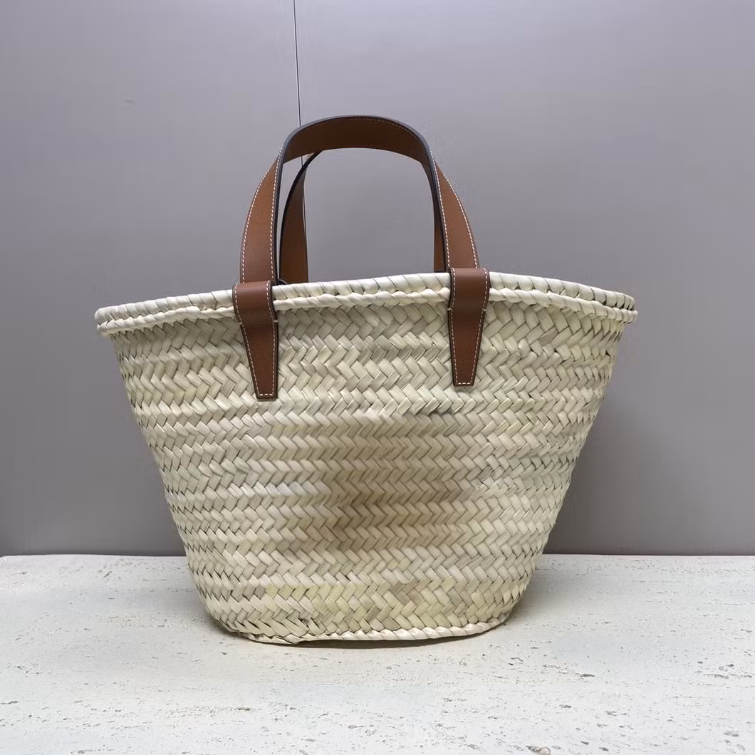 The Arc De Triomphe Sign Hand Knitting Palm Leaves with Calfskin Trim Basket Bag Single Shoulder Crossbody Handba