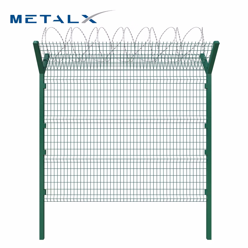 High Quality Powder Coated Welded Wire Mesh Anti Climb Curved Mesh Airport Fencing with Razor Barbed Wire