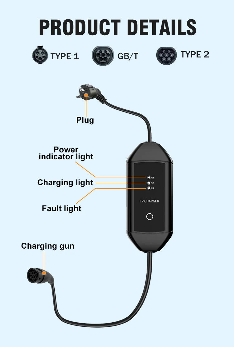 Factory Price Electric Vehicle Charger Portable Adjustable Current Mode 2 AC Charging Station Plug Charge with 5m Charging Cable AC EV Charger