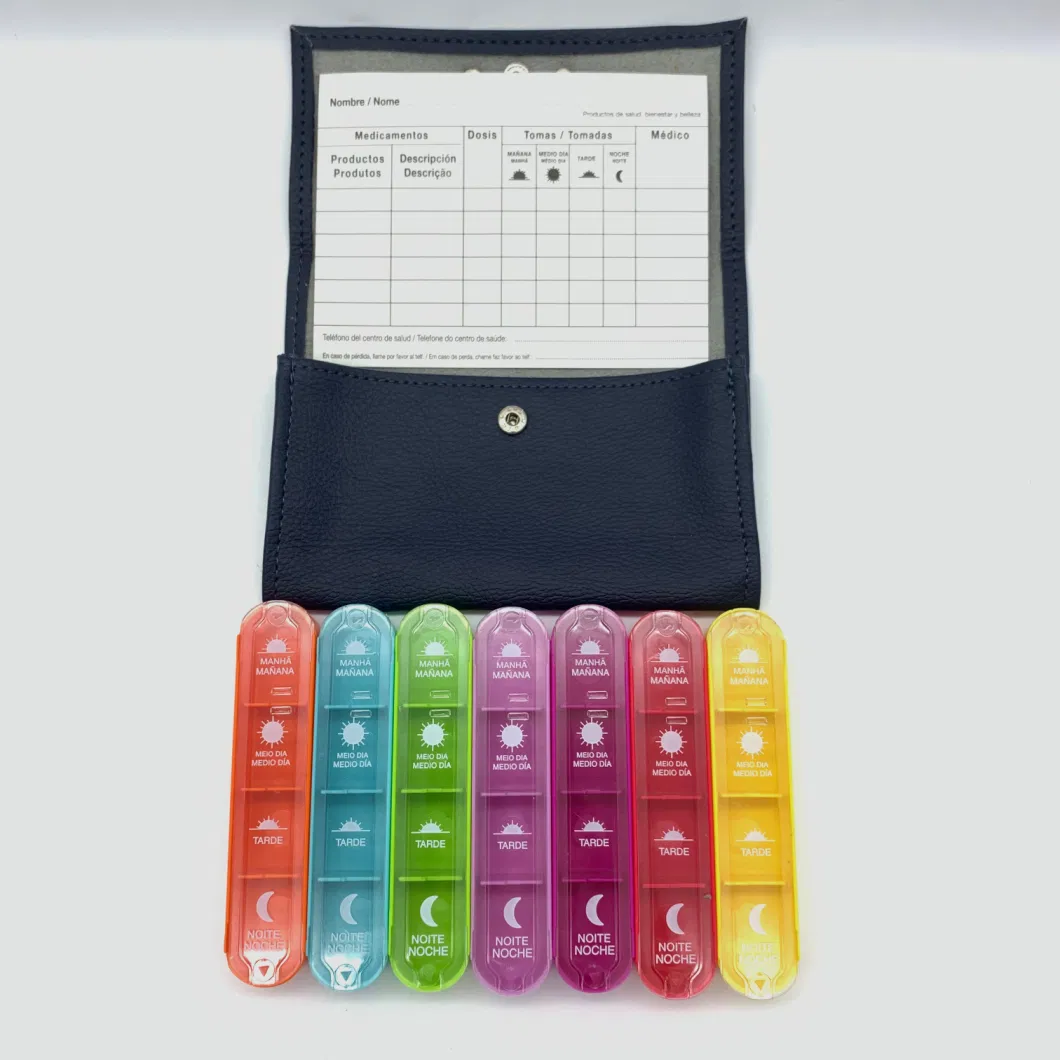 Premium Aesthetic 7 Days Weekly Medication Organizer with Colorful Small Slide Pill Case Custom Metal Logo Available.