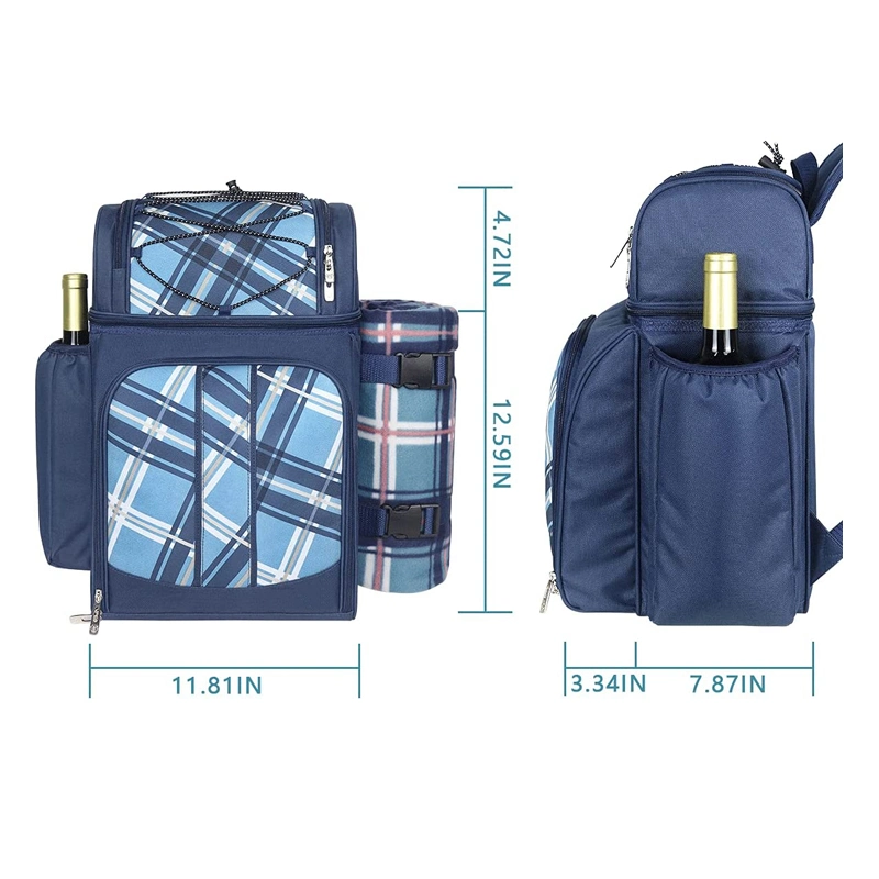 Picnic Backpack Cooler Bag for 2 Person Set with Insulated Compartment Fleece Blanket Cutlery Set