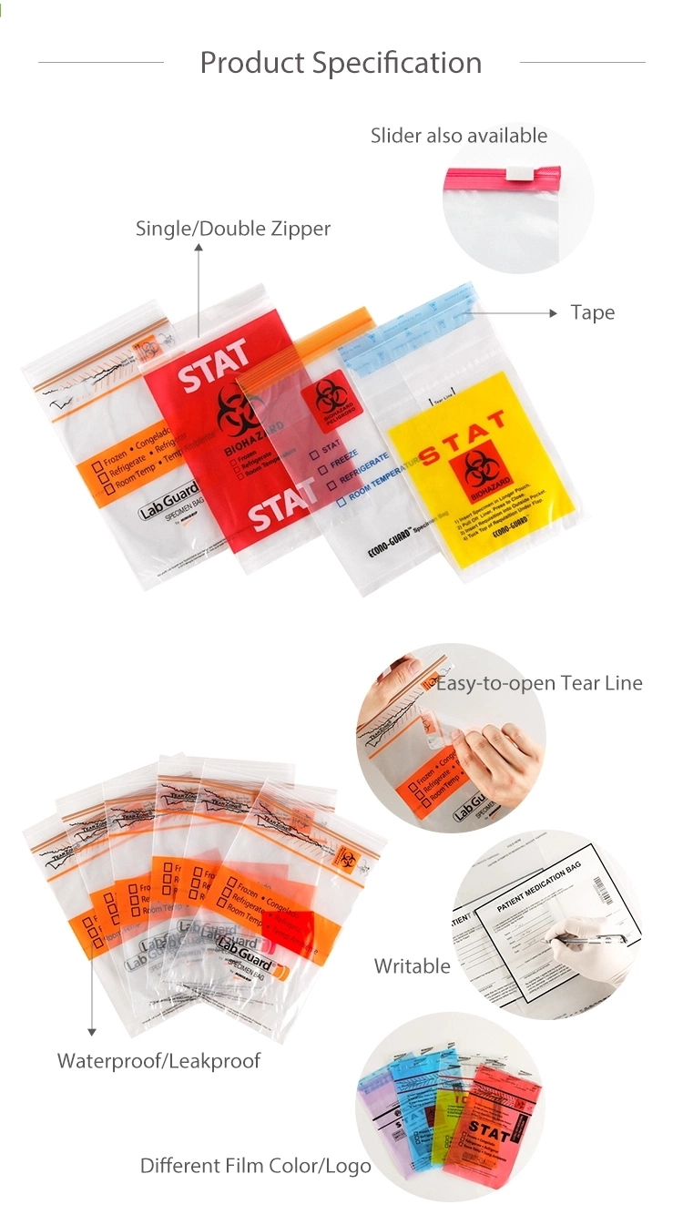 Customized Size, Color Printed, Adhesive/Liquid Tight Specimen Bag, Pill/Drug/Labortary/Medical/Sample Bag